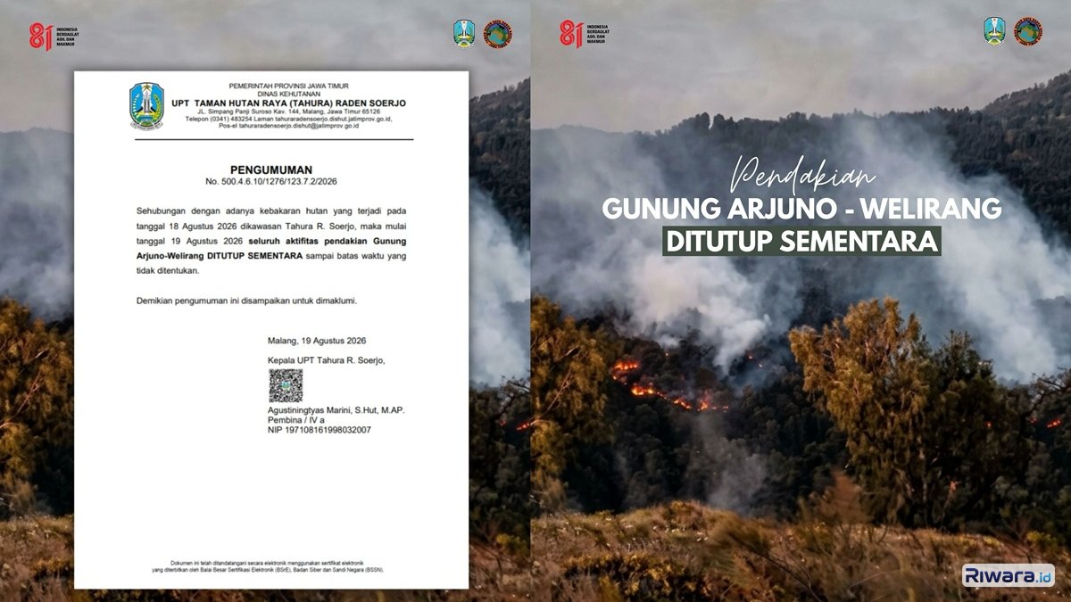 Pengumuman resmi penutupan jalur pendakian Gunung Arjuno-Welirang